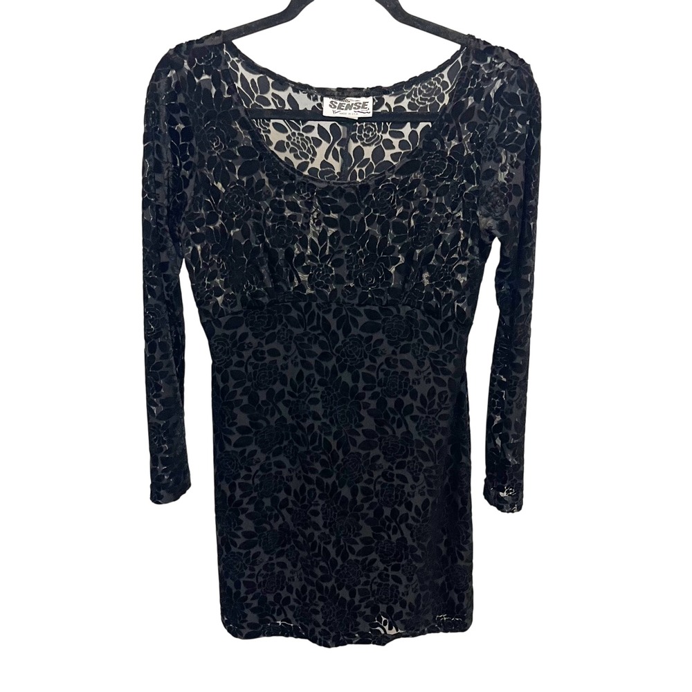 Vintage 90s Sense Black Burnout Velvet Floral Mesh Mini Dress Whimsigoth MEDIUM